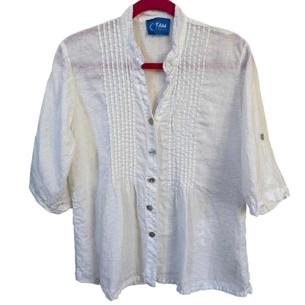 Y'AM Capri Linen Button Up Shirt White Sz M Pintuck Italy Cottage Resort Boho‎